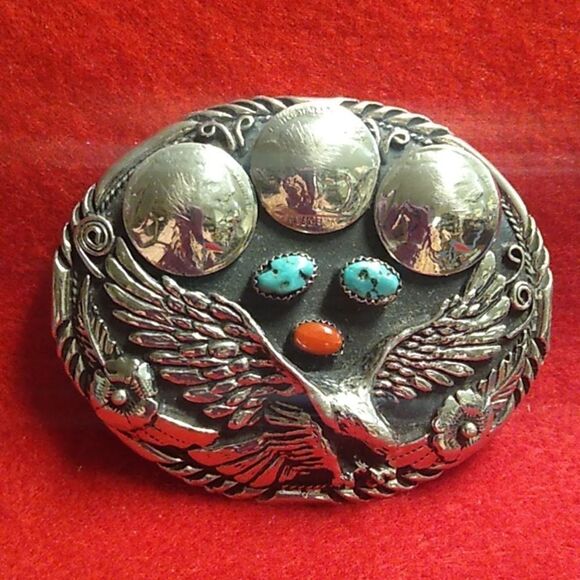 Vintage Turquoise & Coral Eagle Southwestern Silver Tone Metal Handcrafted Sign - Picture 1 of 9